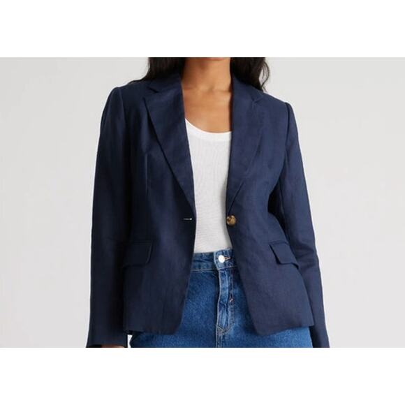 Quince Linen Blazer Womens Small Navy Blue 100% European Linen Structured - Picture 1 of 11